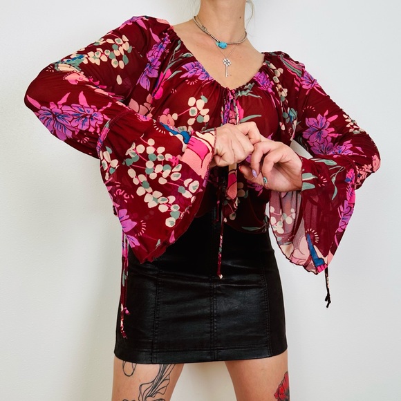 Free People Top Floral Print Of Paradise Tie Front Crop Boho Blouse Burgundy - Picture 5 of 12
